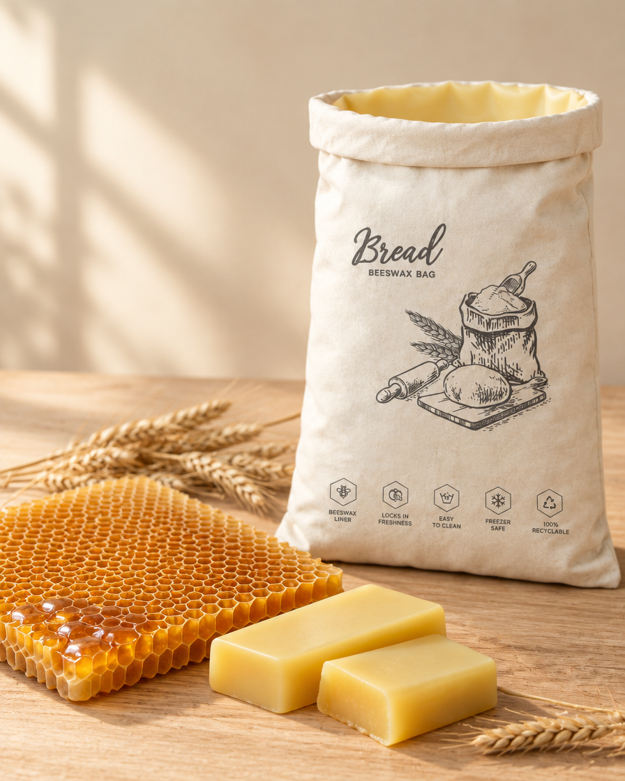 Blocks of rendered beeswax and a slab of honeycomb beside a cloth bread bag