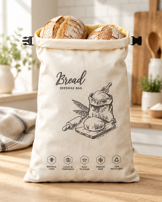 Sourdough loaves beside a bread bag on a kitchen counter