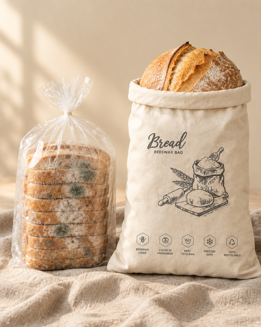 Mouldy bread in a plastic bag beside a fresh loaf in a cloth bread bag