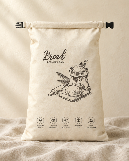 A beige beeswax bread bag with a roll-top and buckle strap