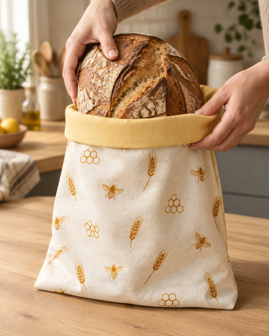 A sourdough loaf going into a cloth bread bag on a kitchen counter