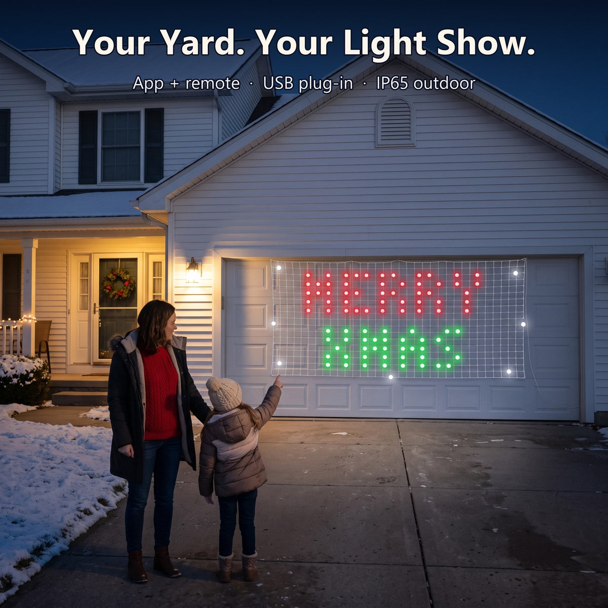 Smart pixel net lights showing MERRY XMAS on a garage door on Christmas Eve