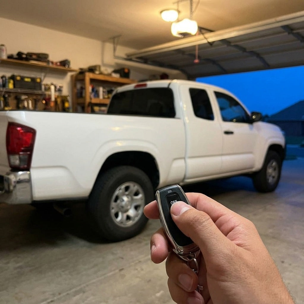 Pressing the remote OFF button next to a parked pickup truck in the garage