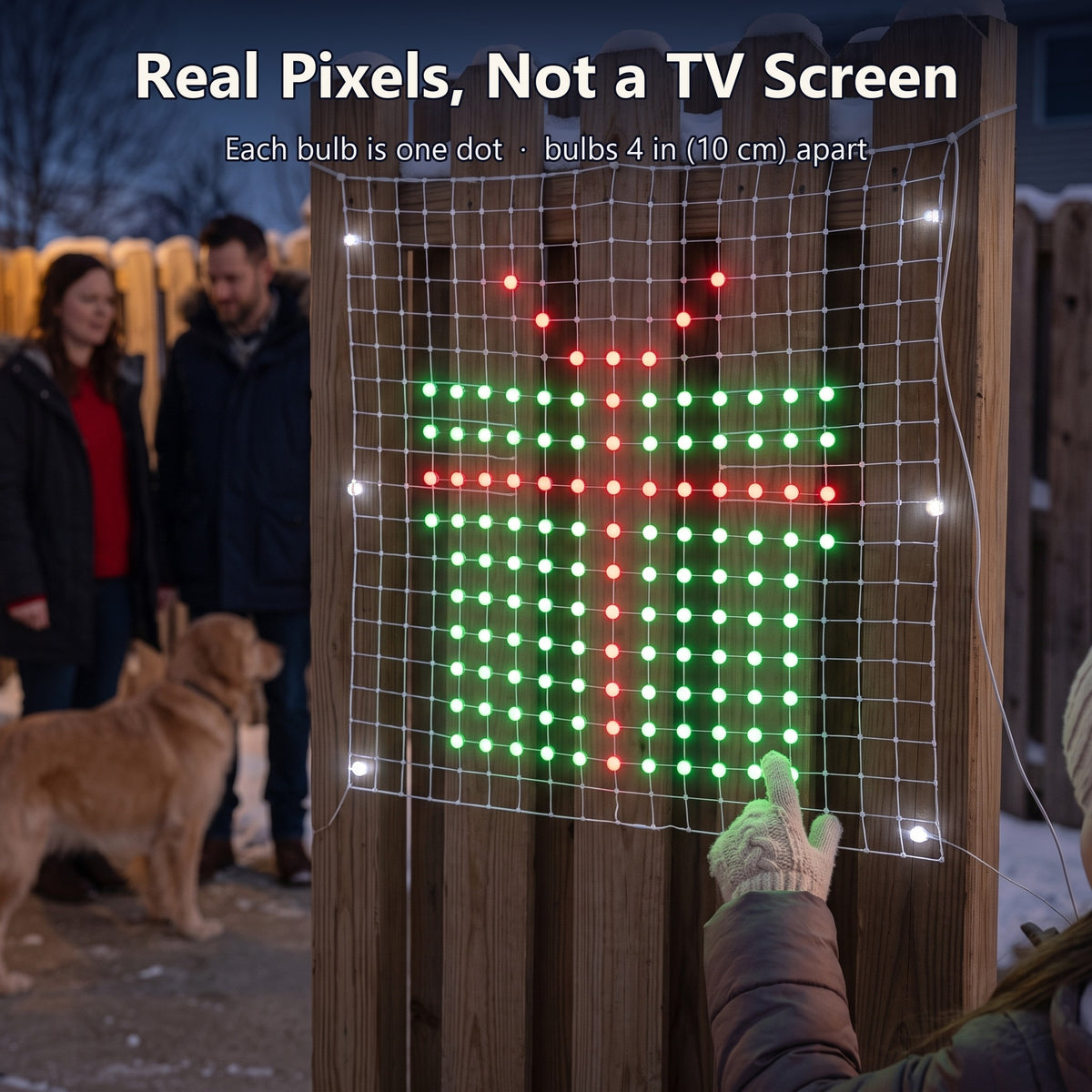 Close-up of the 16 x 16 pixel net showing a gift box, bulbs 4 in apart