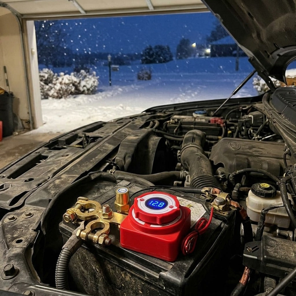 Switch installed for winter storage with snow outside the garage
