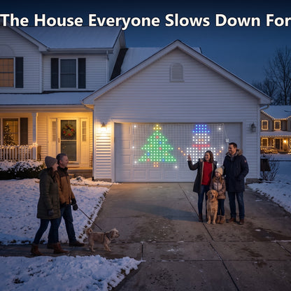 Neighbors stop to look at the pixel net lights on the garage