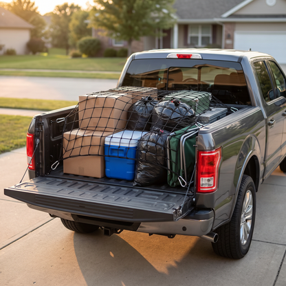 HaulGrip cargo net locked over a loaded pickup truck bed