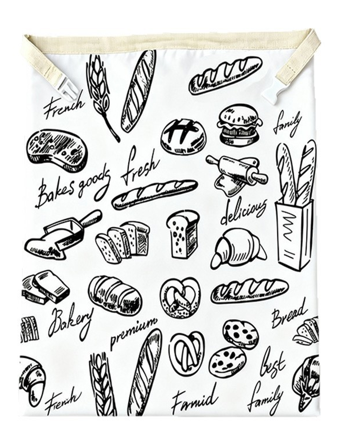 Bakery Doodle beeswax bread bag — black ink bakery drawings and handwritten words on white cotton, cream band and white side-release buckles