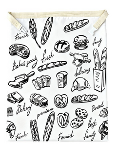 Bakery Doodle beeswax bread bag — black ink bakery drawings and handwritten words on white cotton, cream band and white side-release buckles