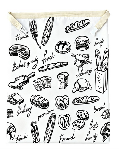 Bakery Doodle beeswax bread bag — black ink bakery drawings and handwritten words on white cotton, cream band and white side-release buckles