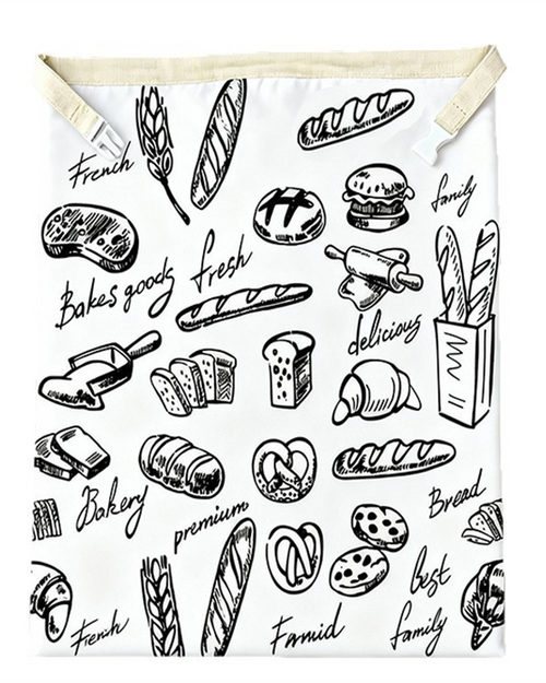 Bakery Doodle beeswax bread bag — black ink bakery drawings and handwritten words on white cotton, cream band and white side-release buckles