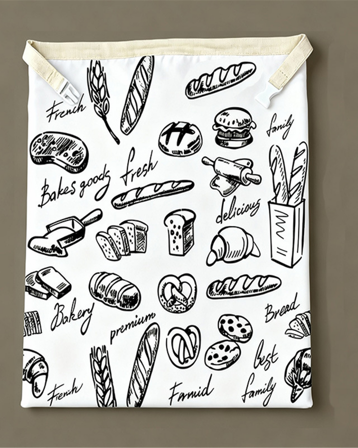 The full front of the bread bag showing the whole doodle print