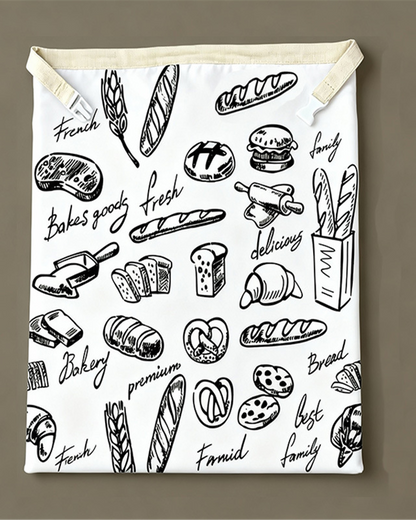 The full front of the bread bag showing the whole doodle print