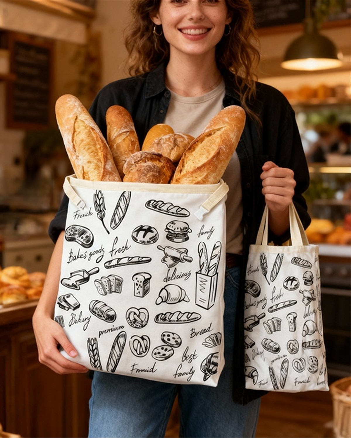 The bread bag carried by its webbing straps, loaded with baguettes at a bakery counter