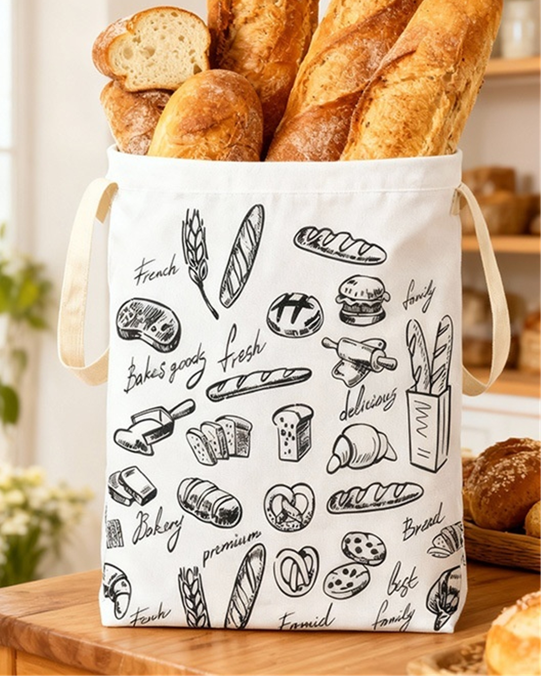 The bread bag on a kitchen table holding baguettes and a round loaf, showing its size