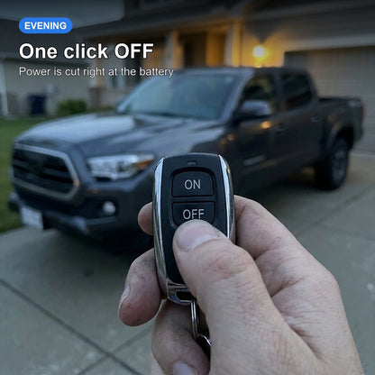 Remote Battery Disconnect Switch - 12V/24V, press OFF on the remote in the evening