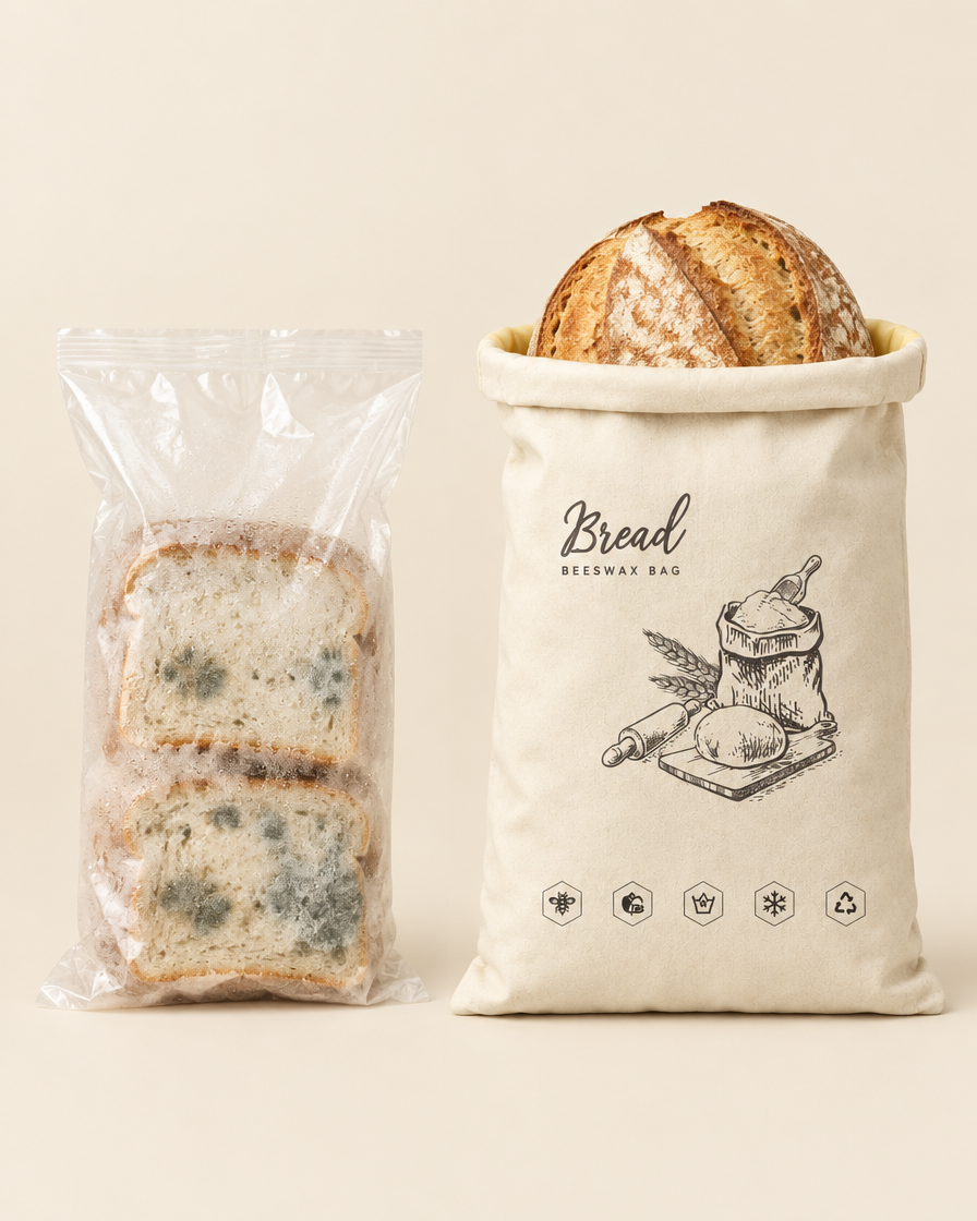 Mouldy bread in plastic beside a fresh loaf in the bread bag