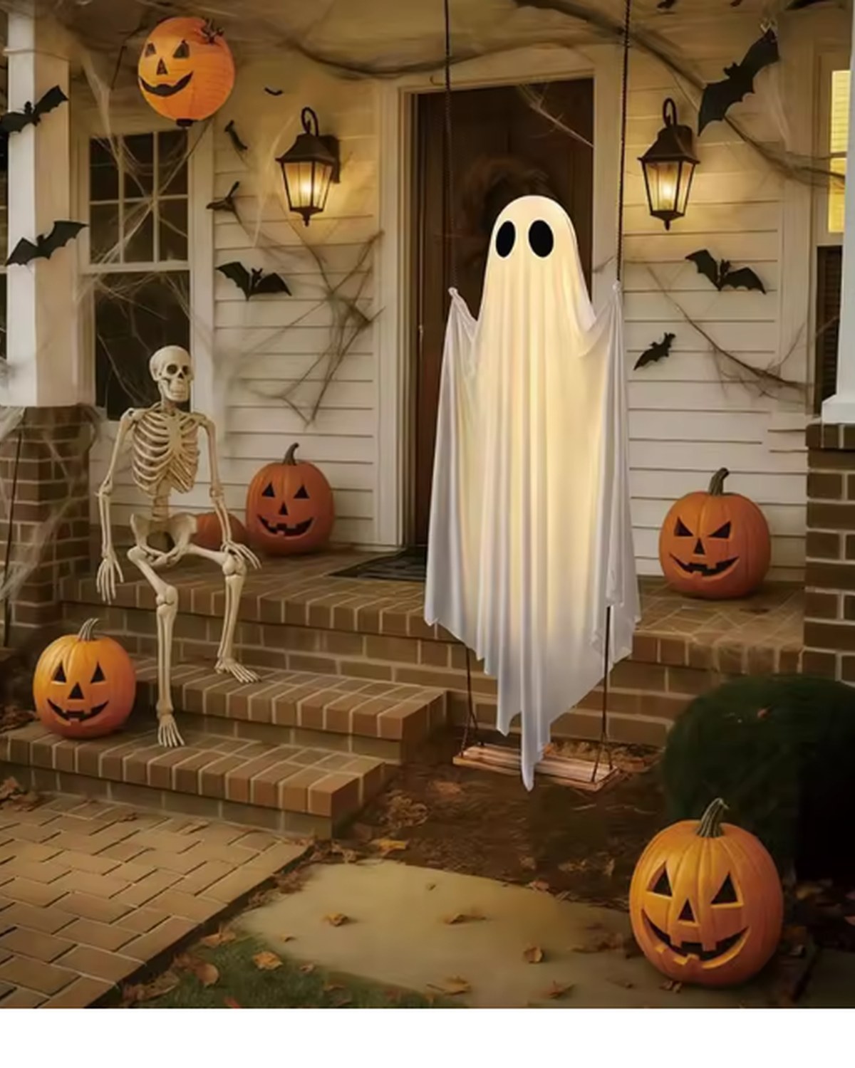 The swing ghost on a decorated porch in daylight