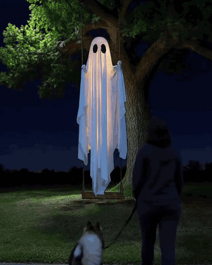 A passer-by stops on the sidewalk to look at the glowing ghost