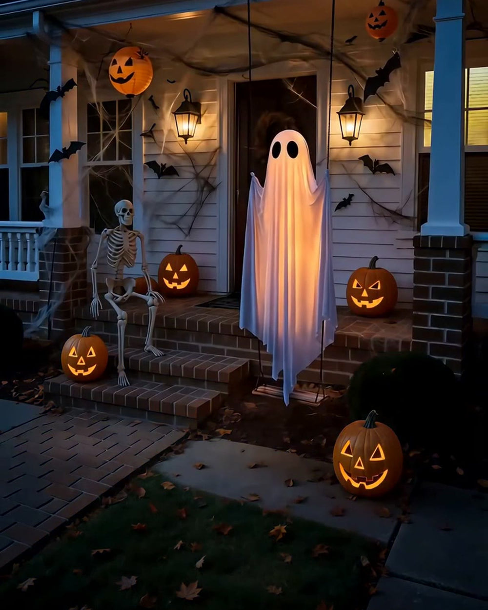 The same porch after dark with the ghost glowing