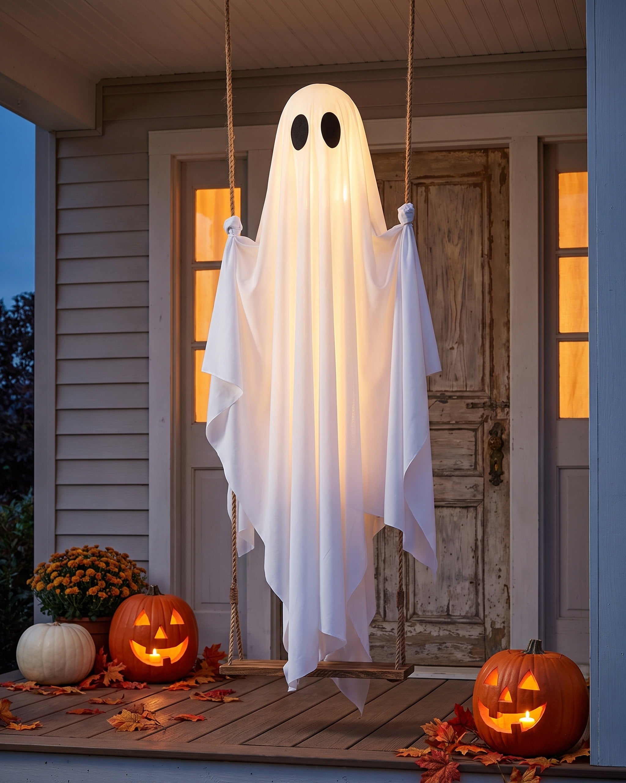 The swing ghost glowing on a Halloween porch at dusk with lit jack-o-lanterns