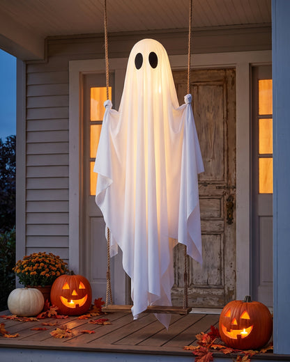 The swing ghost glowing on a Halloween porch at dusk with lit jack-o-lanterns