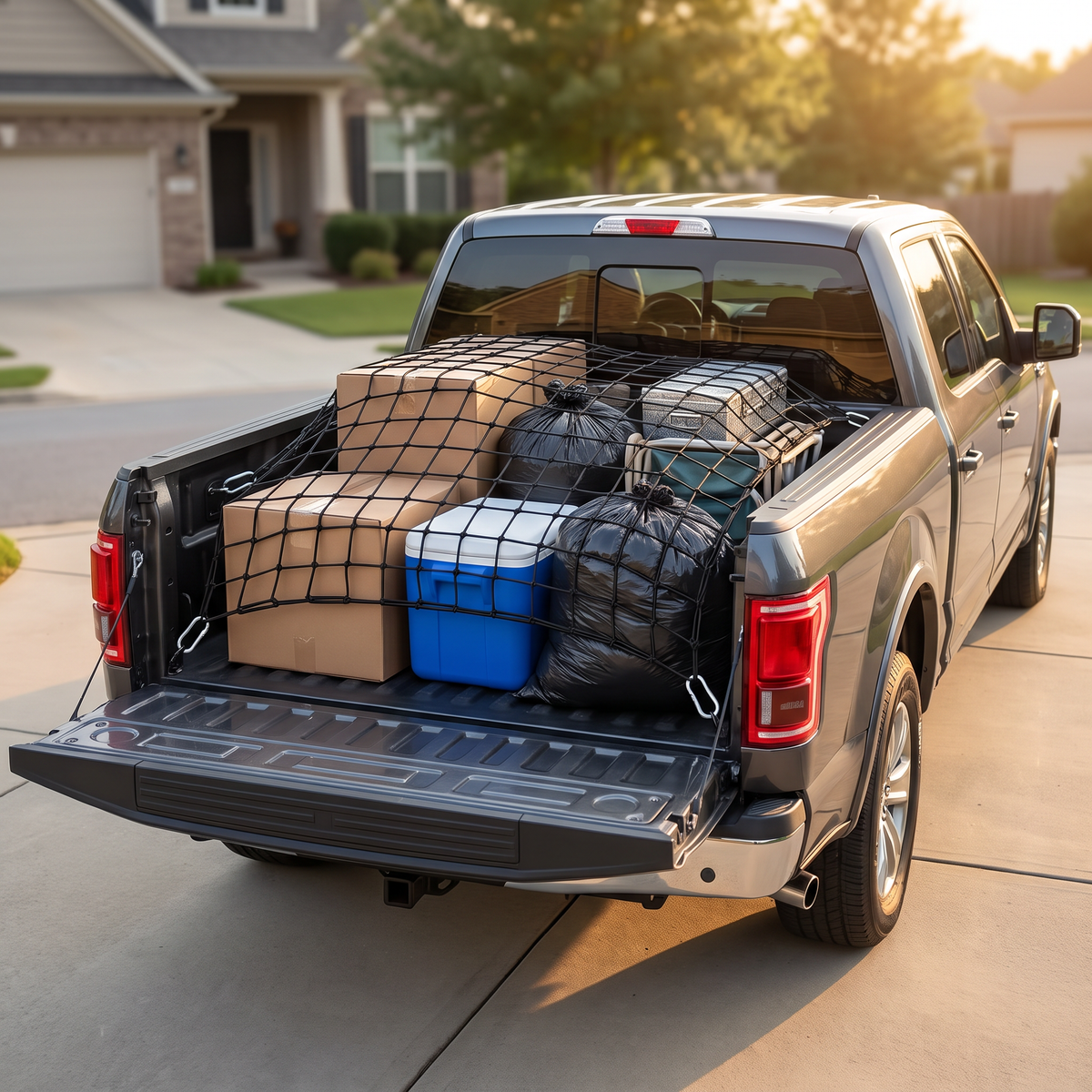 HaulGrip over boxes, cooler and bags in a truck bed