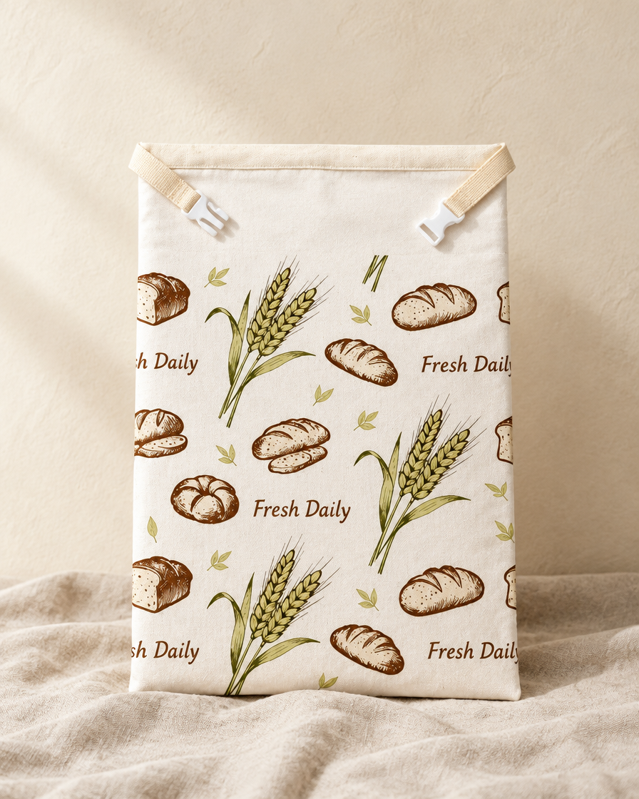 Fresh Daily beeswax bread bag with green wheat and brown loaf print, webbing tabs and side-release clip at the top, standing on linen
