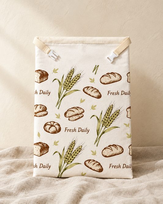 Fresh Daily beeswax bread bag with green wheat and brown loaf print, webbing tabs and side-release clip at the top, standing on linen