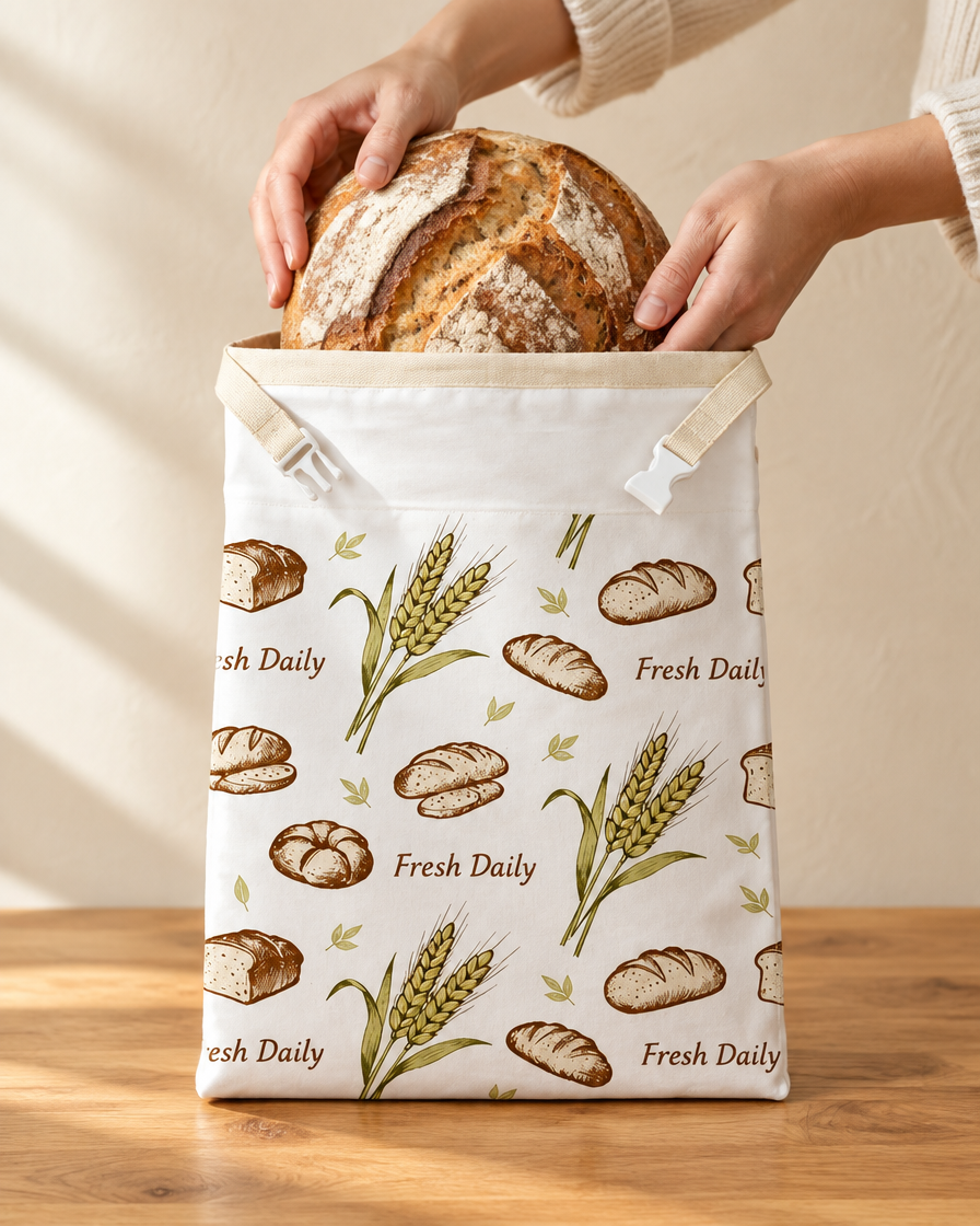 A sourdough loaf going into the Fresh Daily bread bag on a kitchen counter