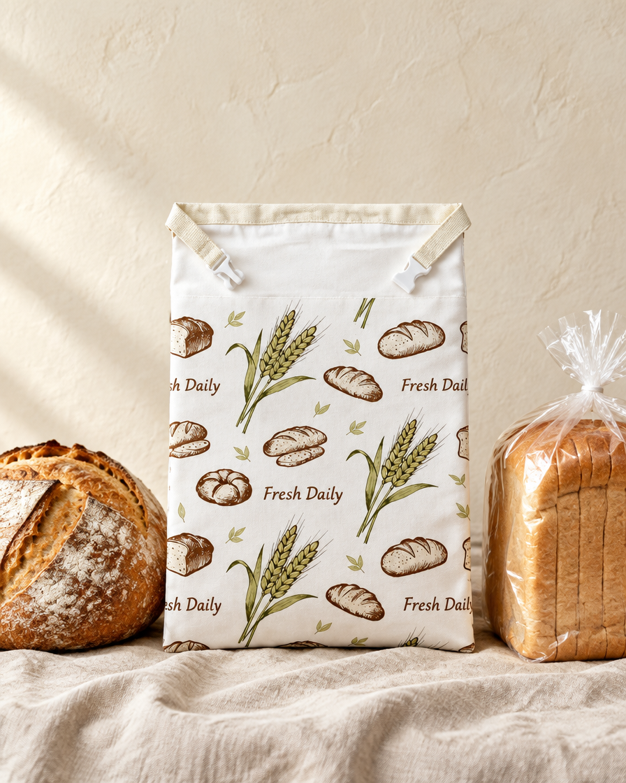 The bread bag beside a sourdough boule and a sliced loaf for scale