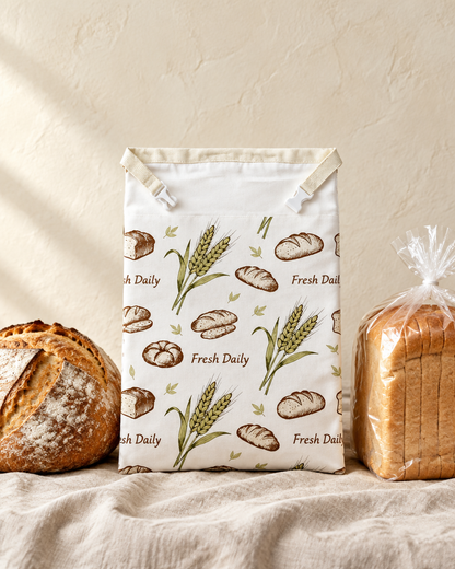 The bread bag beside a sourdough boule and a sliced loaf for scale