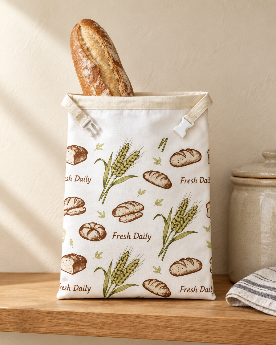 The bread bag on a kitchen shelf with a baguette inside