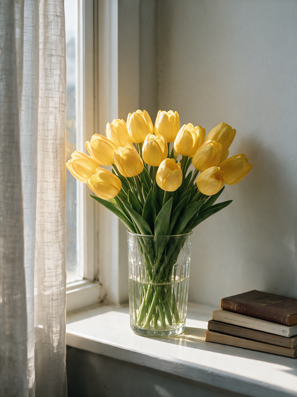 Glowing tulip bouquet on a windowsill in daylight, lights off
