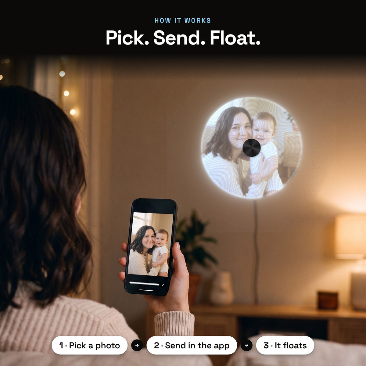 How it works: a mom picks a photo of her baby on her phone, sends it in the free app, and the same photo floats on the hologram fan