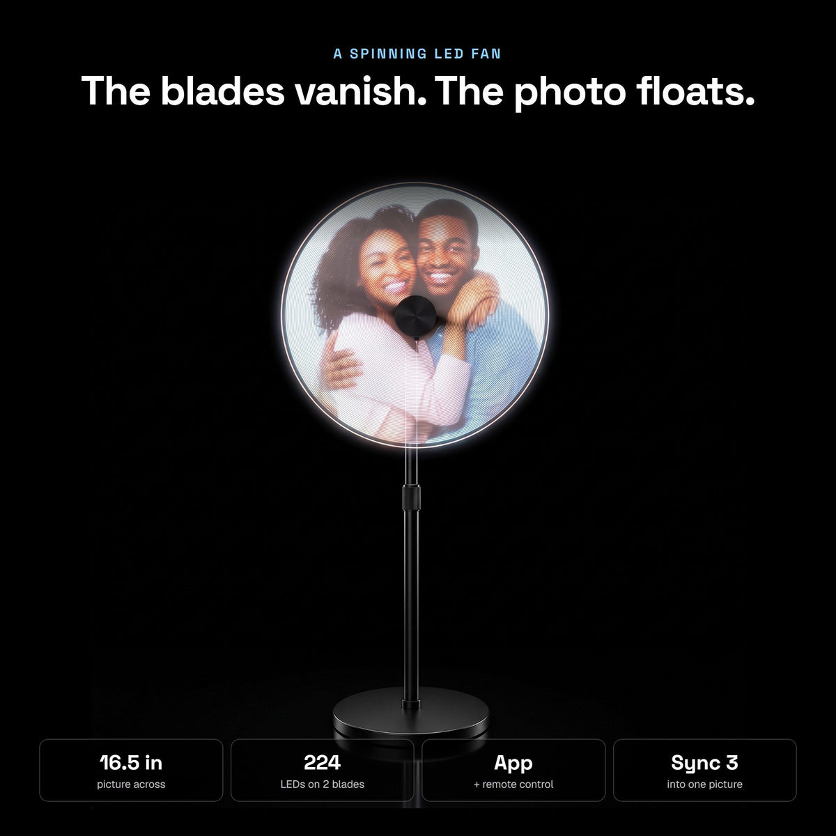 Hologram fan on a stand showing a couple's photo: 16.5 in picture, 224 LEDs, app and remote, syncs 3 fans