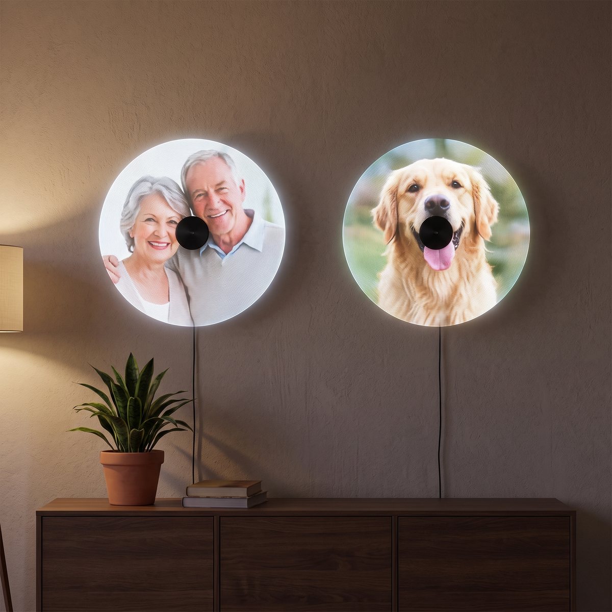 Two hologram fans side by side showing grandparents and a dog (illustration)