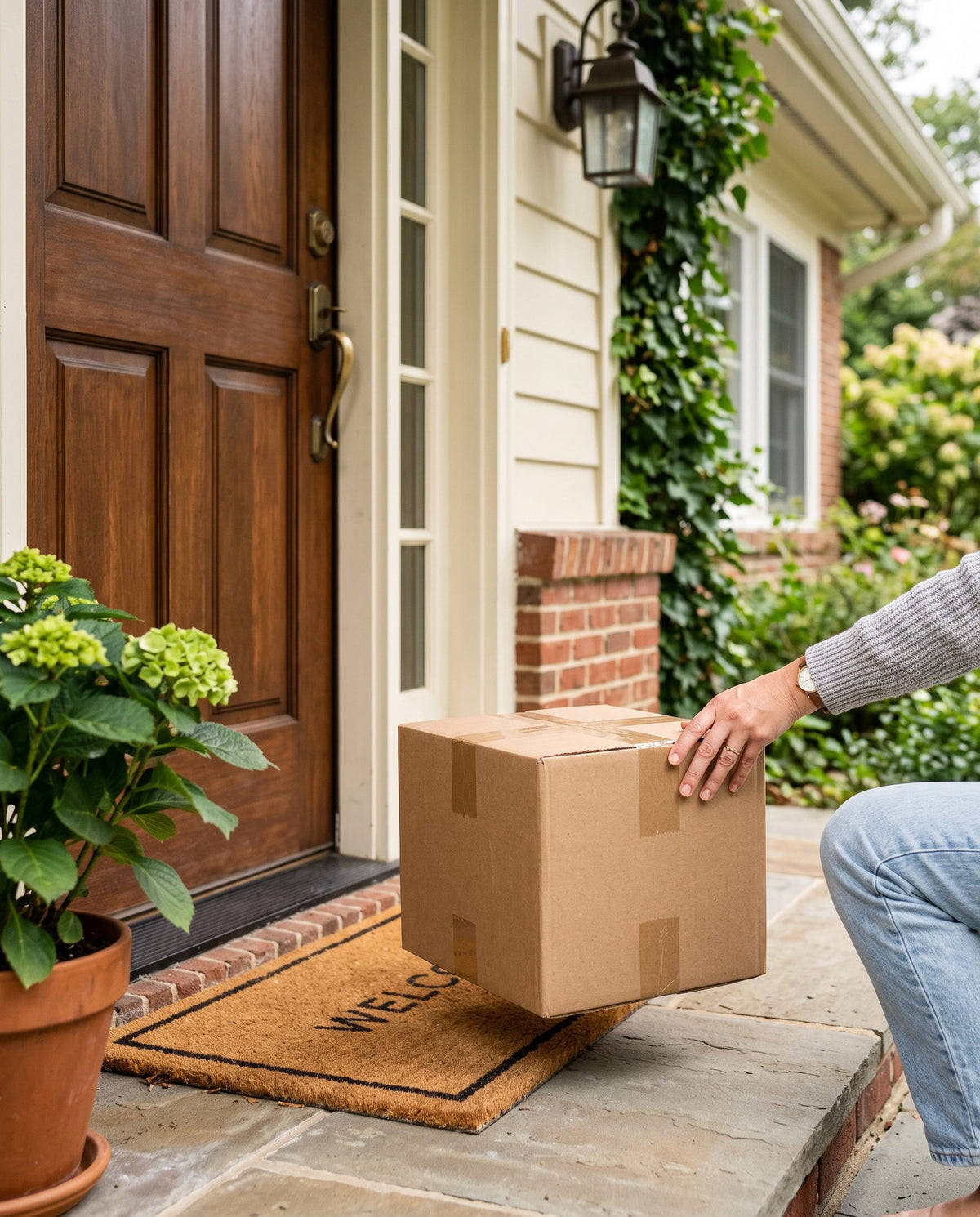 A shipping box delivered to the front door