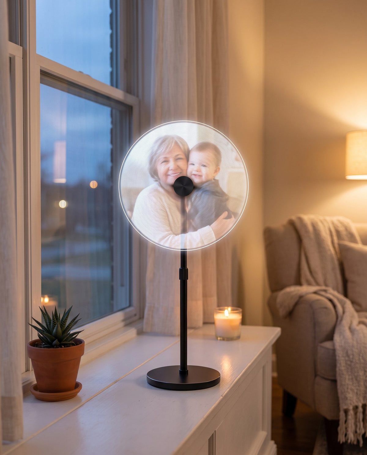 One hologram fan on the tabletop stand on a window sill, showing a grandmother and grandson