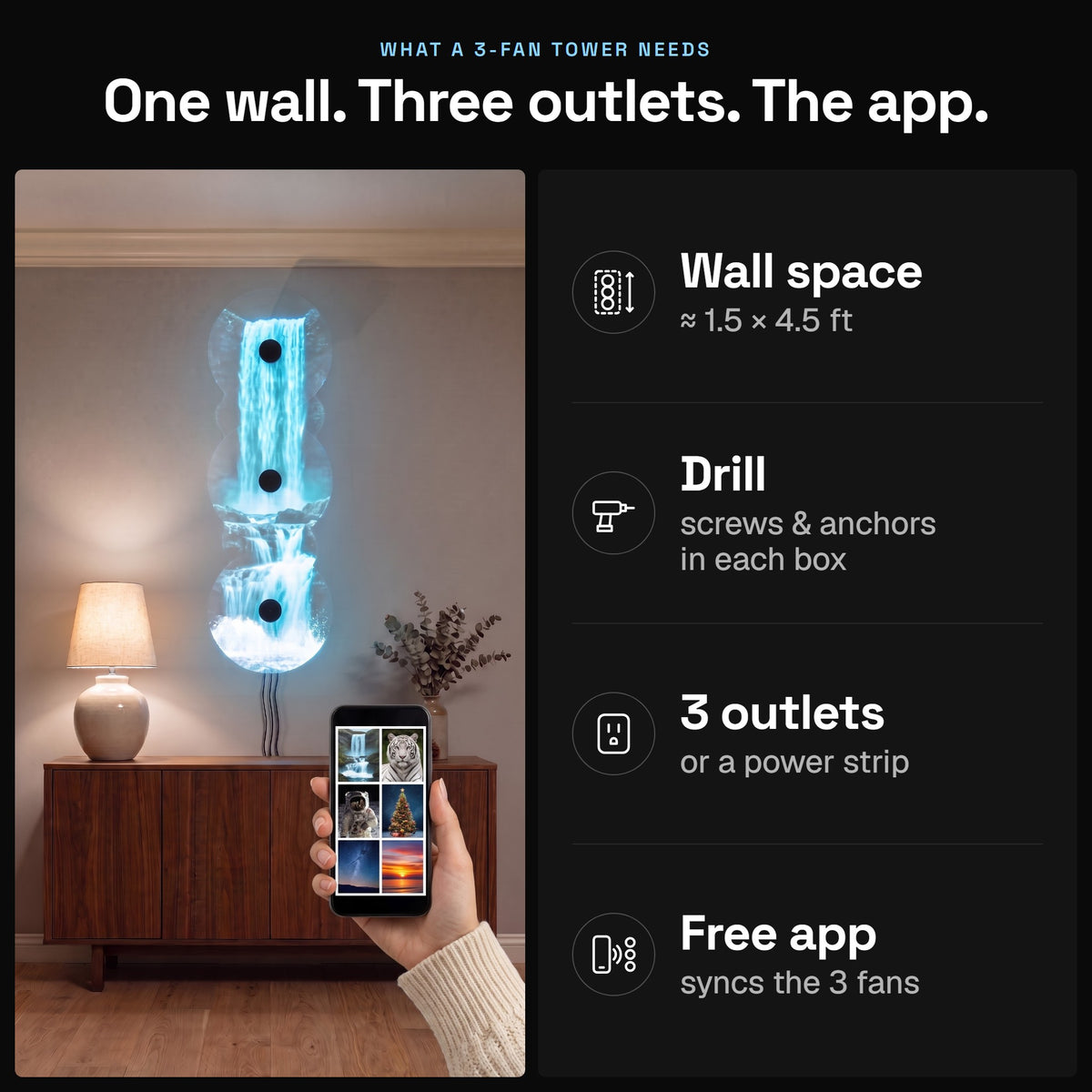What a 3-fan tower needs: one wall, three outlets and the free app