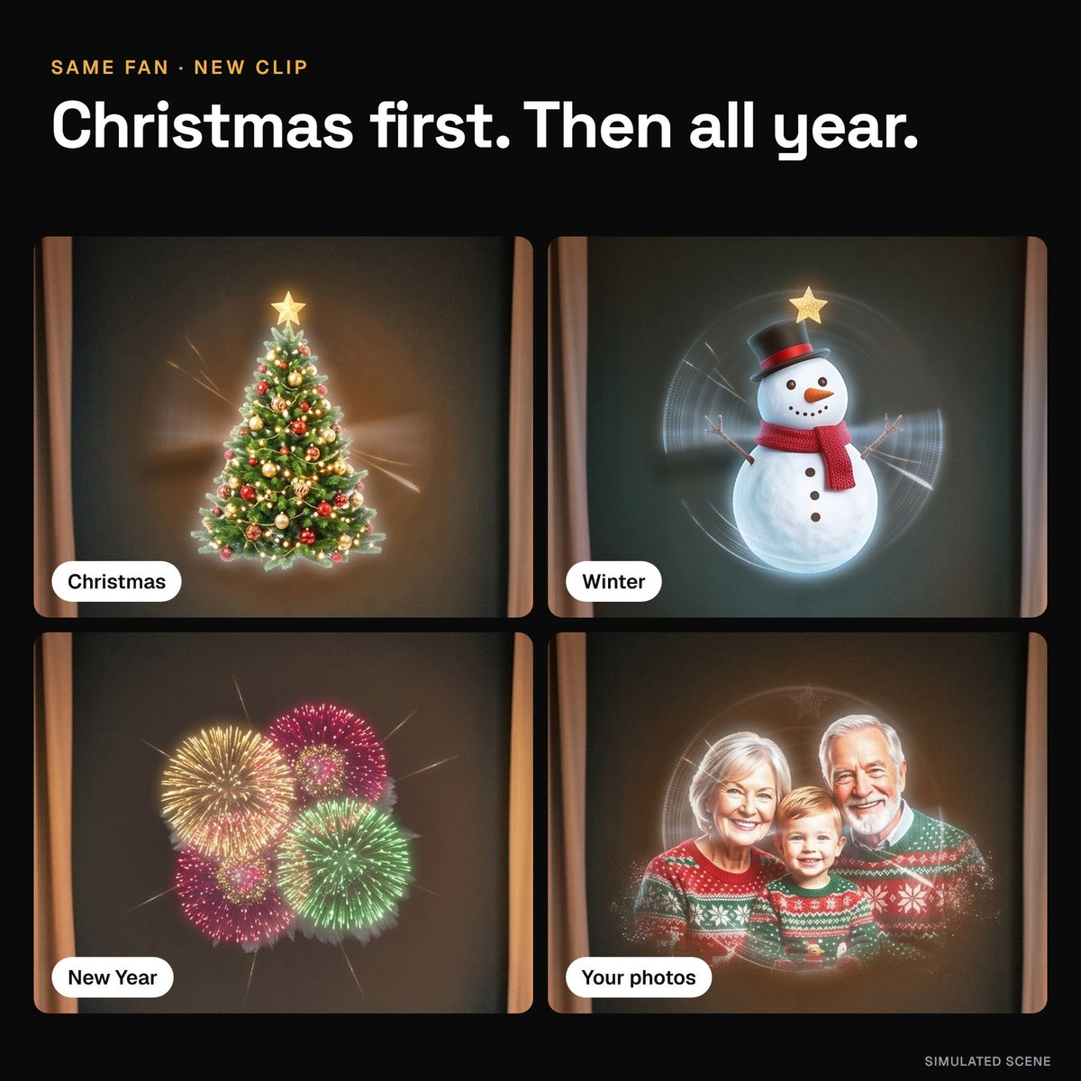 The same wall fan shows a Christmas tree, a snowman, New Year fireworks and a family photo