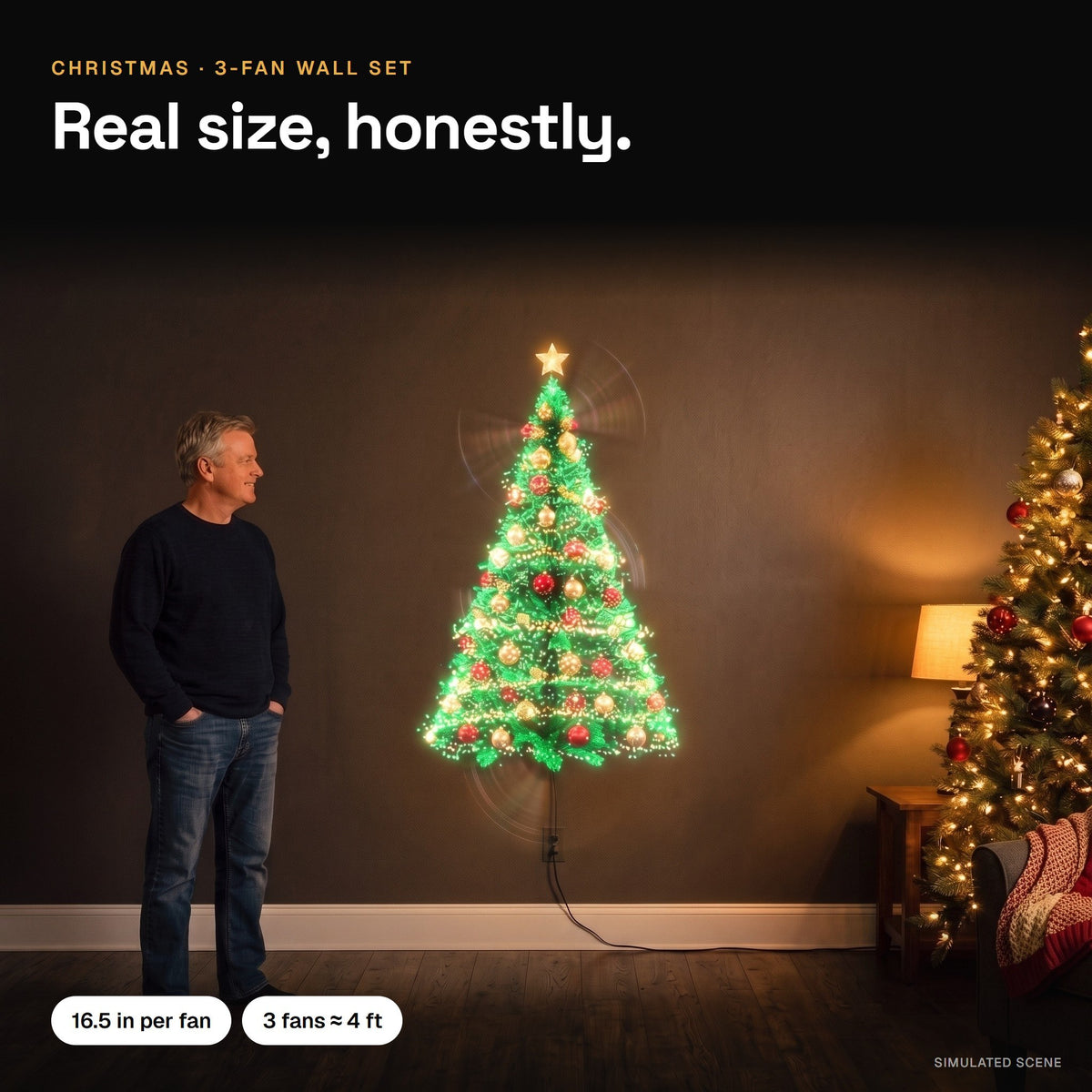 Real size: a man stands beside a 3-fan hologram Christmas tree about 4 ft tall; each fan 16.5 in