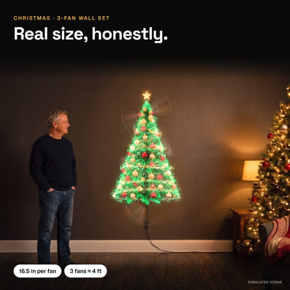 Real size: a man stands beside a 3-fan hologram Christmas tree about 4 ft tall; each fan 16.5 in