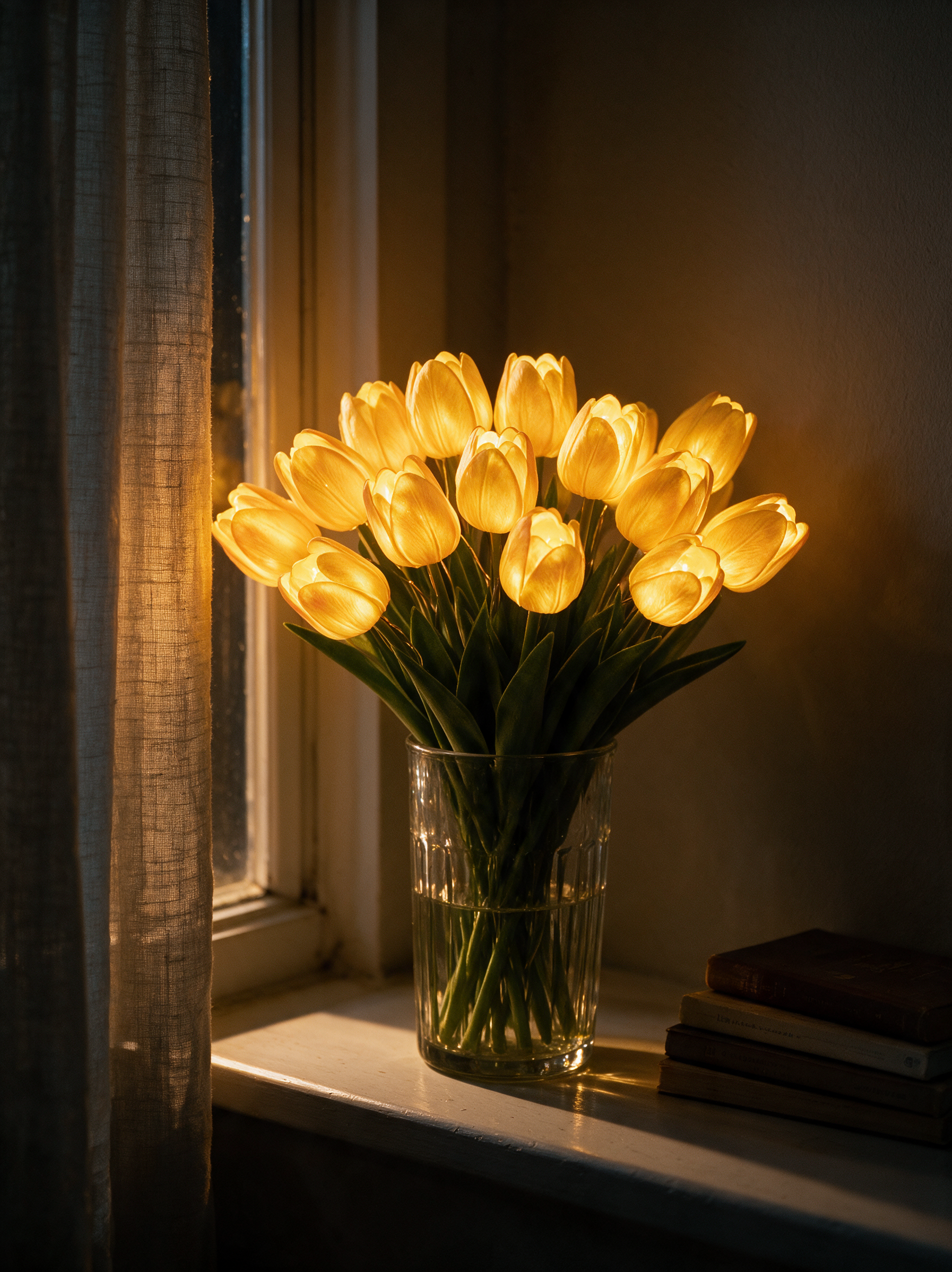 Fifteen glowing tulips on a windowsill at night