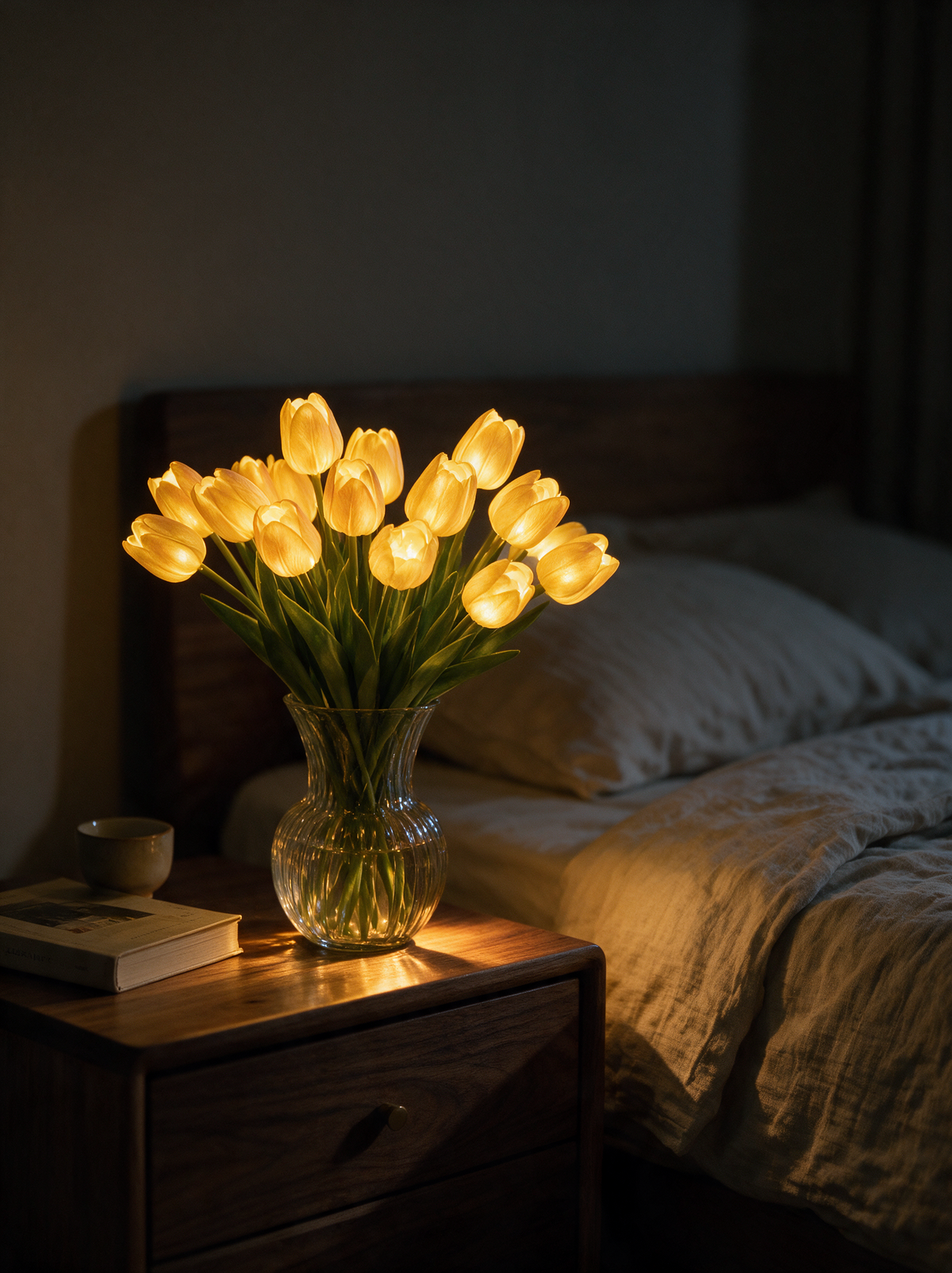 Glowing tulip bouquet on a nightstand at night