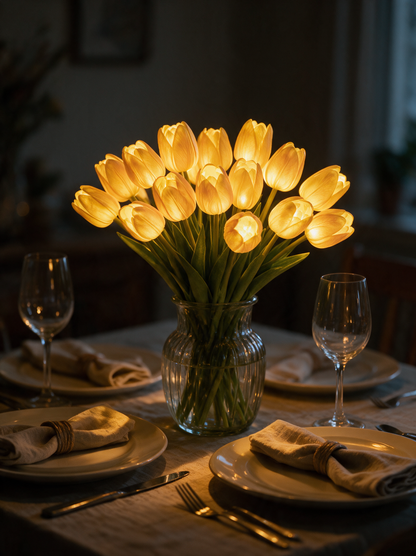 Fifteen glowing tulips as a dinner table centrepiece