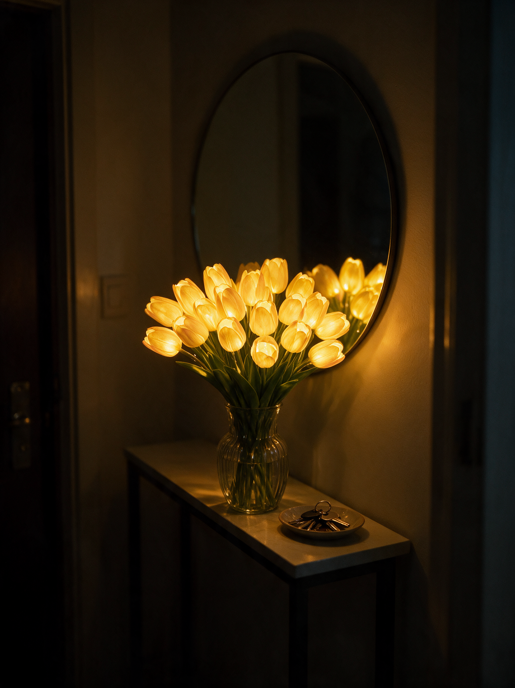 Glowing tulip bouquet on an entry console table