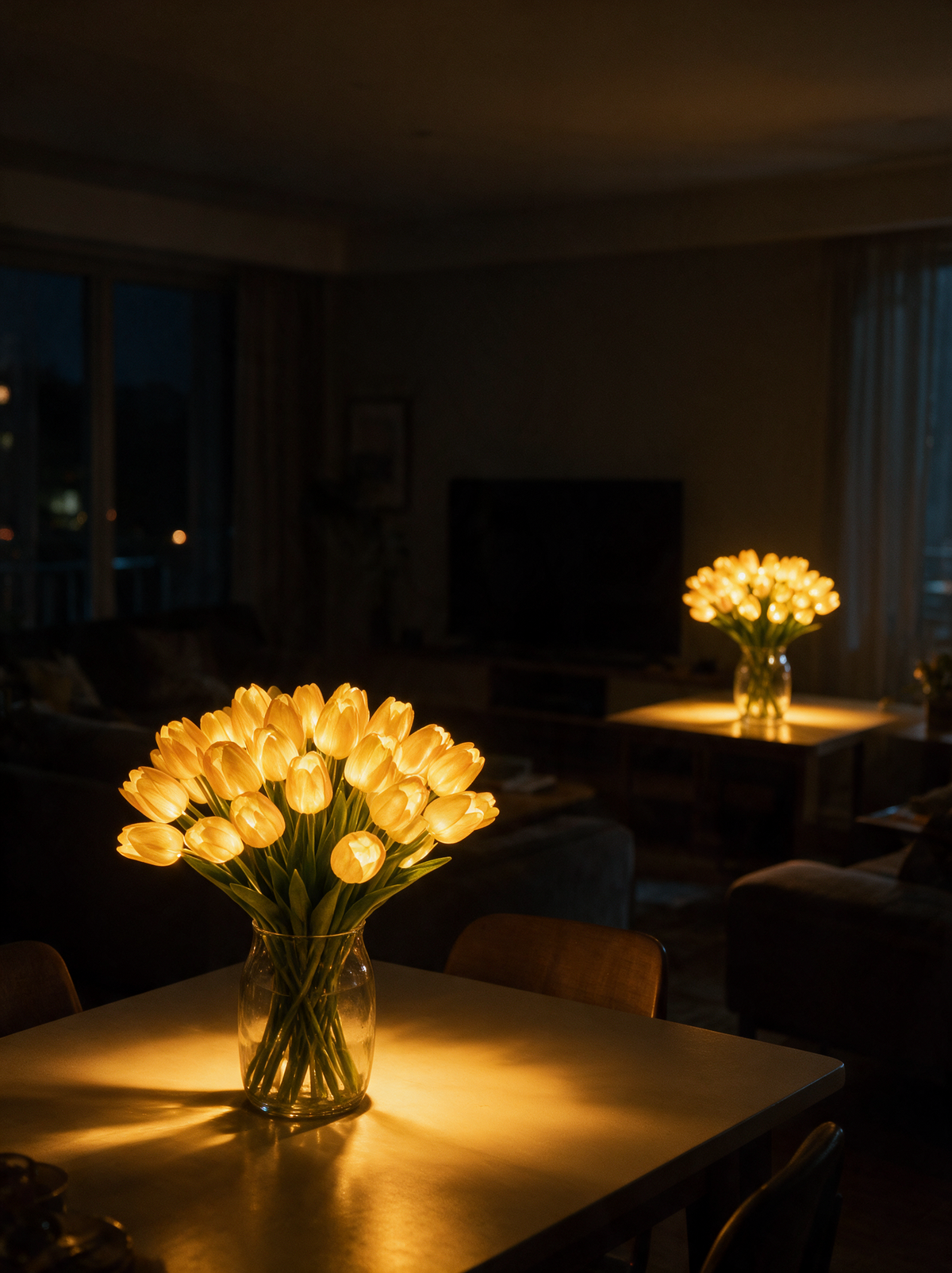 Two glowing tulip bouquets lighting an open-plan room