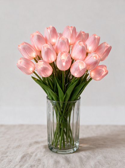 Blush Pink glowing tulip bouquet, fifteen stems in a ribbed glass vase
