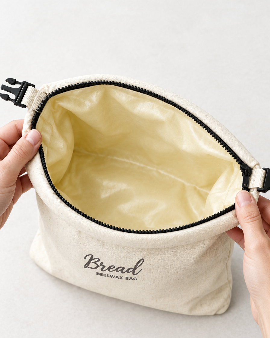 Bag held open showing the pale beeswax lining inside